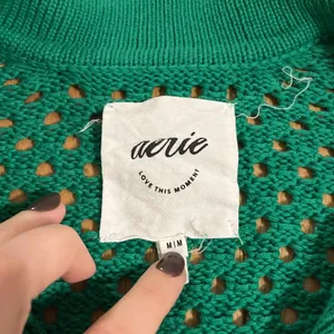 Aerie Kelly Green Open Knit Polo Sweater Sz M thumbnail 3