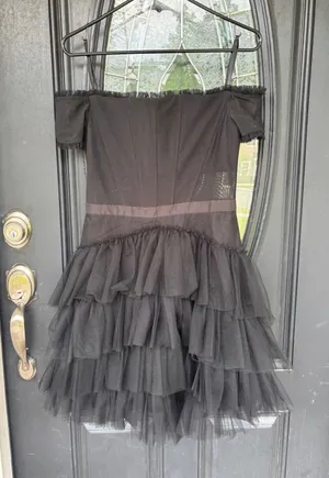 Betsy & Adam Black Tulle Off-The-Shoulder Tiered Corset Mini Dress NEW‎ Size 8 thumbnail 1