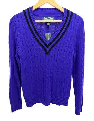 Lauren Ralph Lauren Purple Cable Knit Tennis Sweater V-Neck Preppy Varsity L NWT thumbnail 1
