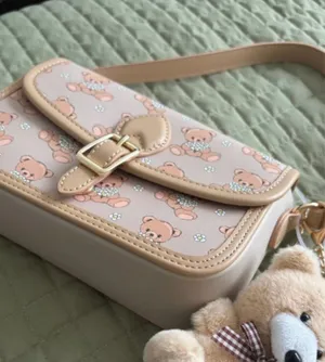 & Other Stories Pink Teddy Bear Print Crossbody Bag Gold Hardware Chain Strap Buckle Charm thumbnail 1