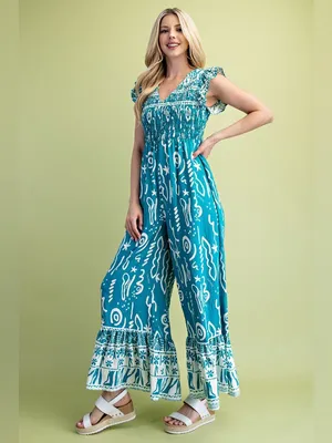 Boutique Turquoise Boho Wide Leg Jumpsuit Resort Vacation Beach Outfit thumbnail 5