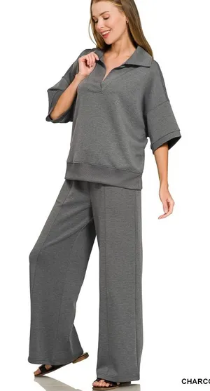Zenana Scuba Collared Short Sleeve Pullover & Center Seam Pants Set - Medium‎ thumbnail 1