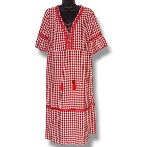 POL red and white gingham lace up flutter sleeve dress thumbnail 2