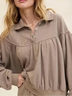 Aerie Terry Button Sweater Size Small Oversized Pullover Soft Life Brown Neutral thumbnail 1