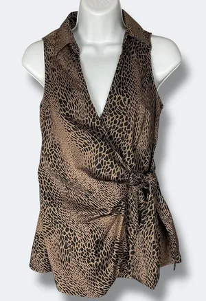 Guess Wrap Top Animal Print‎ Women Small Brown Black Leopard Sleeveless Blouse thumbnail 1