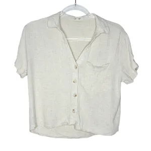 Love Note Beige Rayon Linen Blend Button Up Shirt Short Sleeve Womens Medium thumbnail 1