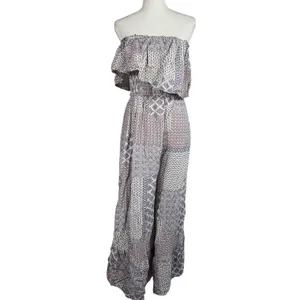 ILLA ILLA Patchwork Jumpsuit Womens L Blue Boho Off Shoulder Wide Leg Rayon thumbnail 12