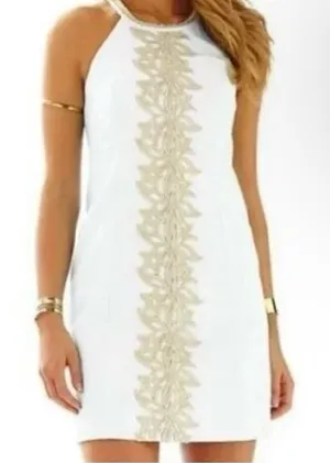 Lilly Pulitzer Parker Palm Shift Dress Resort Embroidery Halter white‎ gold 2 thumbnail 1