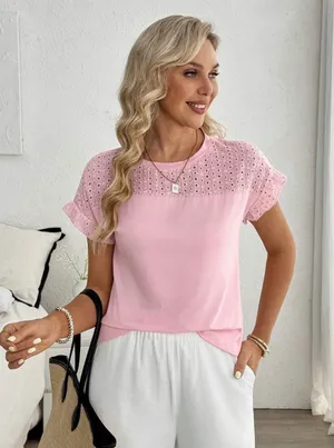Women's elegant Pink blouse Short Sleeve Top thumbnail 1