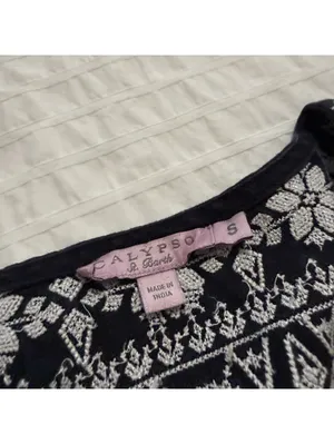 Calypso St. Barth 100% Linen Navy Blue White Embroidered Shift Dress Mini Small thumbnail 10