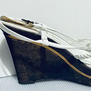 COLE HAAN SZ 8 White patent leather woven Wedge Sandals Slingback Cork Gold thumbnail 5