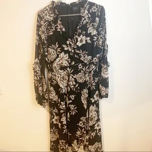 Bardot Size 6‎ Black Tan Floral Romantic Long Bubble Sleeve Wrap Dress thumbnail 2