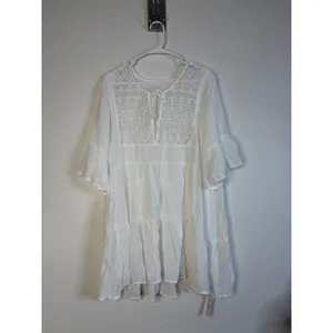 Cupshe White Crochet Lace Tiered Mini Dress Tassel Tie Beach Coverup Size L thumbnail 2