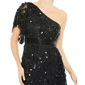 NEW Mac Duggal Sz 4 One Shoulder Flower Sequin Embellished‎ Gown in Black thumbnail 2
