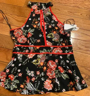 LILY black floral and bird design peplum /halter neck black sleeveless top M thumbnail 9