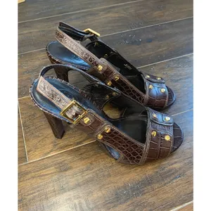 TORY BURCH Crocodile Embossed Leather High Heel Sandals Gold Hardware 7M Shoes thumbnail 4