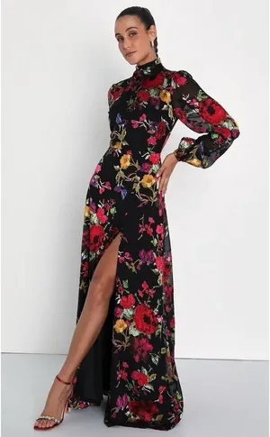 NWOT Lulus Graceful Arrival Black Floral Burnout Backless Maxi Dress Wedding M thumbnail 1