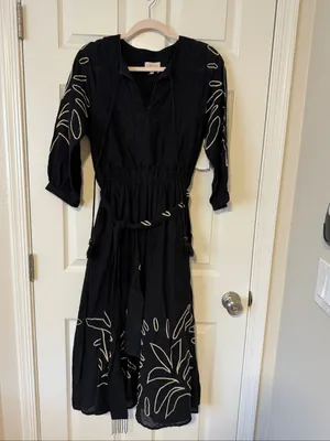 NWT CIEBON Eliza Embroidered A-Line Midi Dress Black Boho Cotton XS thumbnail 4