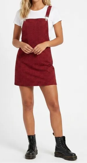 NEW Hot Topic Red Plaid Pinafore overall Mini Dress jumper YOINS NWT thumbnail 1