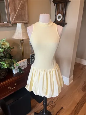 Sleeveless Pastel Yellow Bubble Hem Mini Dress Summer thumbnail 2