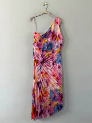 NWT Belle Badgley Mischka Kelsey Pleated Pink Multi Asymmetric Midi‎ Dress thumbnail 2