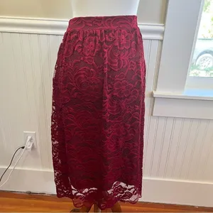 Lace Midi Skirt Burgundy Floral Scalloped Hem High Waist Size Small thumbnail 11