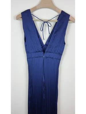 Abercrombie & Fitch Giselle Pleated Satin Jumpsuit Navy Blue XXSP Wide Leg thumbnail 5