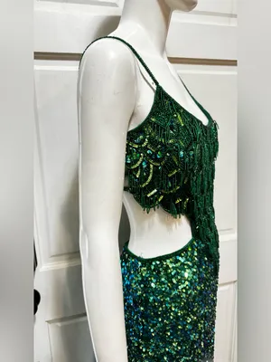 Rachel Allan Stunning Emerald Green Sequin Fringe Cutout formal Gown Size 6 thumbnail 9
