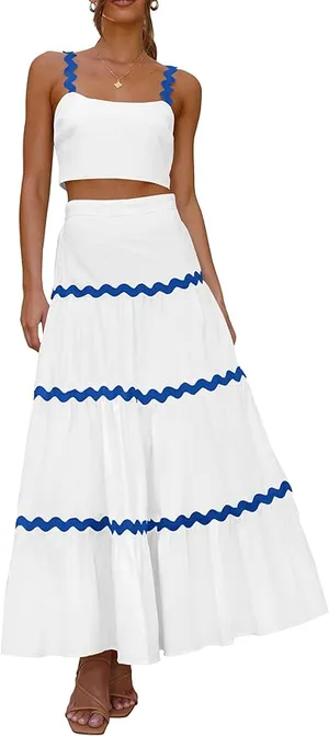[PrettyGarden] White Blue Matching Set Crop Tank Maxi Skirt Summer NWOT Size XXL thumbnail 1