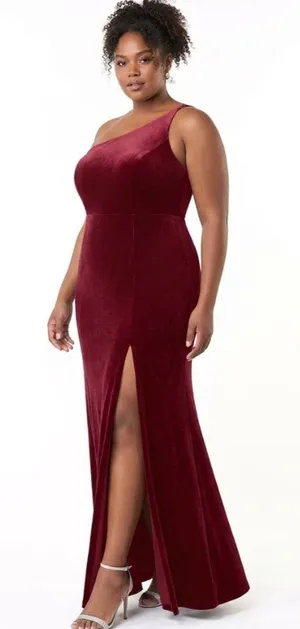 Azazie Kala Bridesmaid Dress A18 Plus Size Burgundy Wine One-Shoulder Velvet thumbnail 1