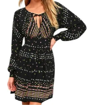 Free People Coryn Boho Long Sleeve Printed Mini‎ Dress Black Size 6 Festival thumbnail 1