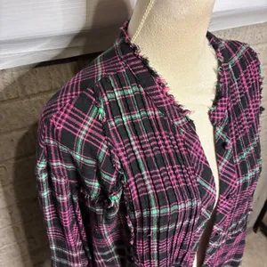 Free People Pink Black Plaid Fringe Duster Flannel‎ Oversized Medium thumbnail 2