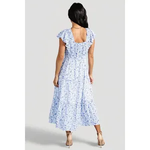 Baltic Born Crete Midi Dress Blue White Floral Toile Ruffle Tiered XL Cottage‎ thumbnail 2