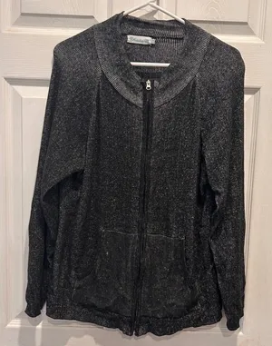 Lulu-B Womens Black White Marled Full Zip Mock Neck Cotton Sweater Large Natural thumbnail 1
