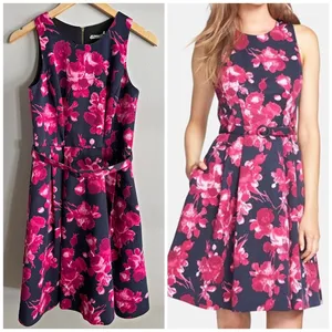 Eliza J Floral Fit & Flare Dress Navy Pink Belted Sleeveless Size 4 thumbnail 2