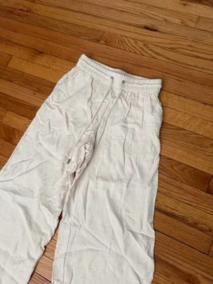 a new day textured crinkle Wide Drawstring Trousers pullover cream pants Sz S coastal minimalist elastic waist thumbnail 2