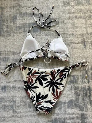 Target White Tropical Print Tie-Side Bikini with Black and Brown Leaves thumbnail 2