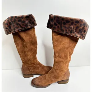 Born Malena‎ Tan Suede Leopard Print Cuff Tall Boots Back Zip 5.5M thumbnail 2