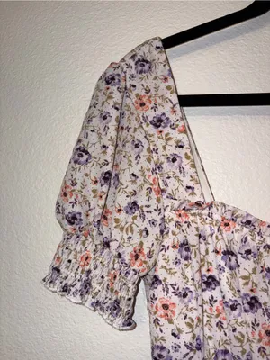 Altar'd State Purple Floral Smocked Mini Dress Tiered Puff Sleeve Medium thumbnail 6