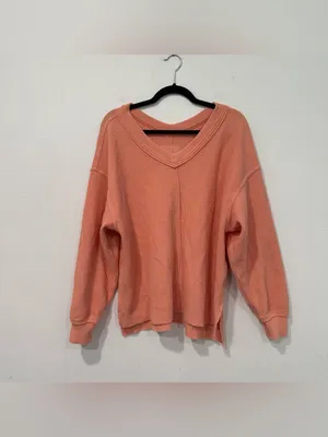 Aerie Wonder Textured V-Neck Peach Waffle Knit Oversized Sweatshirt S thumbnail 2