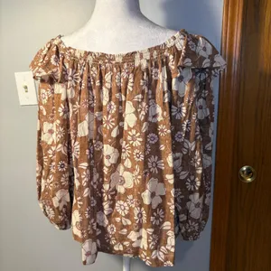 Free People Miss Daisy 100% cotton Brown‎ Floral Off Shoulder Smocked Blouse M thumbnail 4