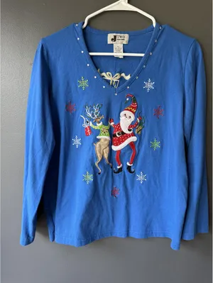J. Two Blue Long Sleeve Christmas Sweater with Santa and Reindeer Embroidery thumbnail 1