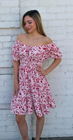 white + red milkmaid ruffled mini dress with red floral print Sz M #summer #spring #easter #milkmaid #cottagecore thumbnail 1