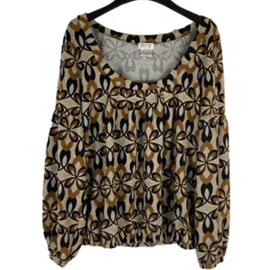 Funky People Tan Brown and Black Puff Sleeve Elastic Waist Floral Top Size XL thumbnail 9