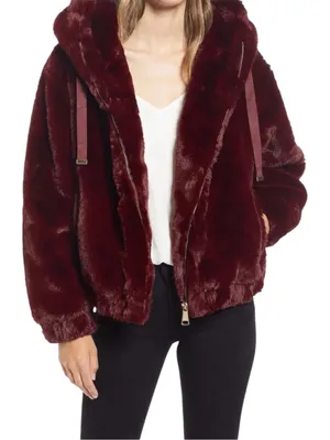 NWT Nordstrom Philosophy Faux Fur Coat Size Medium Burgundy thumbnail 1