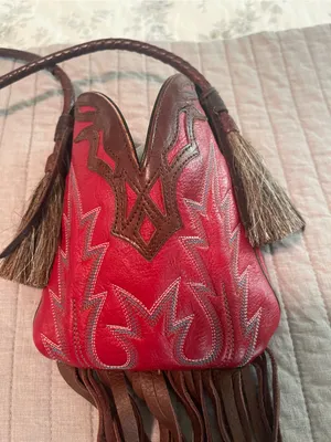 Red Leather Fringe Crossbody Mini Bag with Brown Trim thumbnail 1