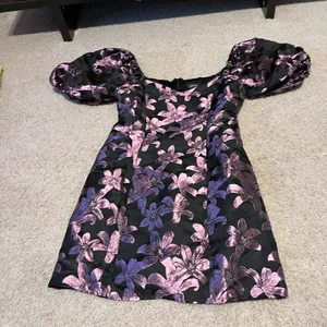 Finer Things In Life Floral Puff Sleeve Mini Dress Purple and black metallic thumbnail 4