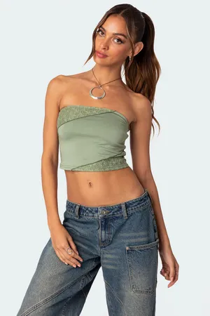 Lace Patchwork Tube Top Edikted Green S thumbnail 1