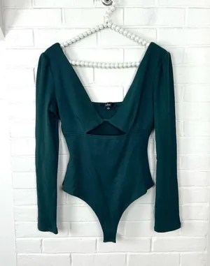 Lulus Green Ribbed Long Sleeve Cut Out Bodysuit Size L thumbnail 1
