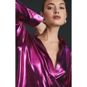 By ANTHROPOLOGIE Magenta Pink Shimmer Shine Lamé Buttondown‎ Top Blouse X-Small thumbnail 11